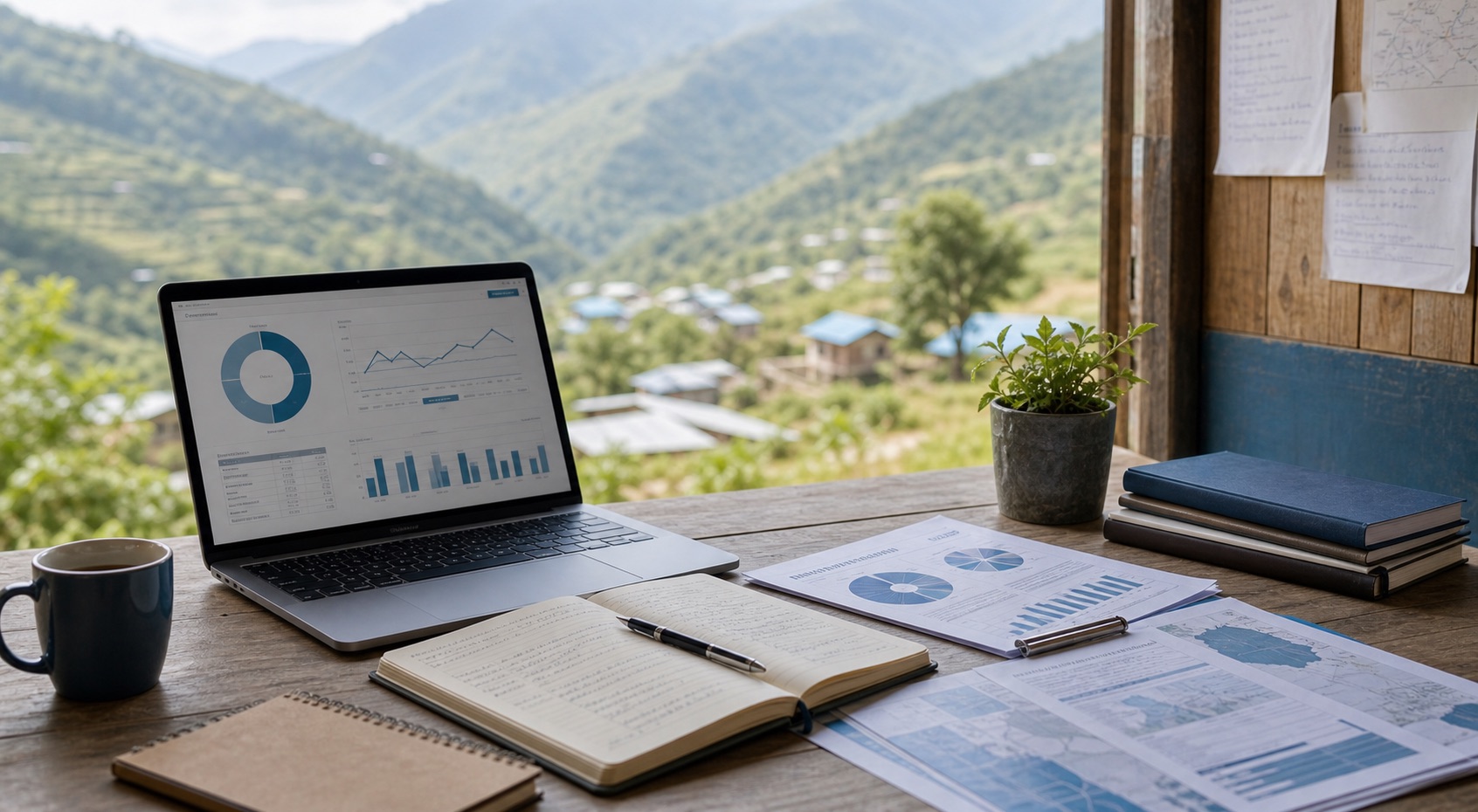 Field documentation desk with reports, data, and notes